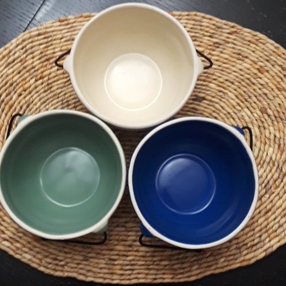 Stoneware Ribbed Bowl with Wooden Handle, Set of 3 - Picture 5 of 9